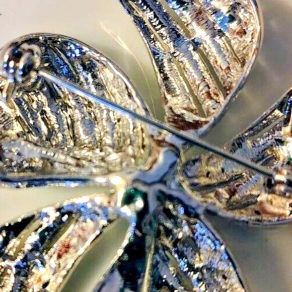 Vtg Ribbon Bow Rhinestone Pin Brooch Large Shiny Silver Tone - Picture 7 of 8